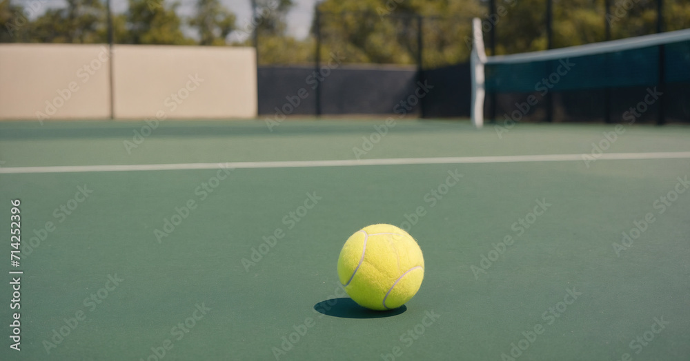 A close-up view of a vibrant tennis ball and racket against a white background, capturing the essence of the sport with its dynamic colors and detailed textures in a striking 3D image.