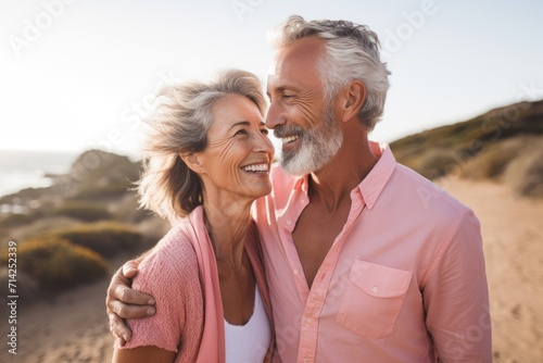 Elderly Couple Sharing Laughter at Sunset Beach. A senior couple shares a joyful moment on a sunny beach at dusk.