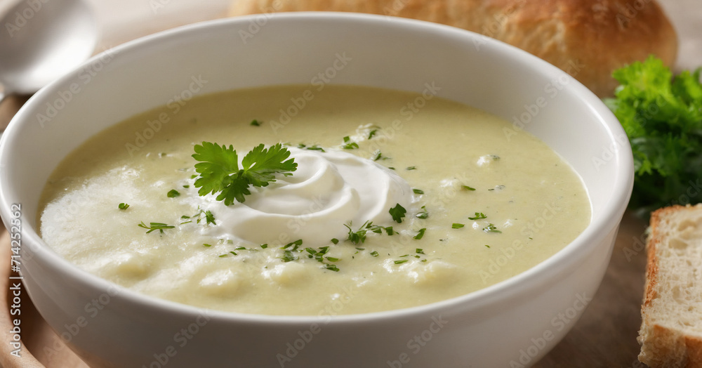 A comforting bowl of creamy Vichyssoise soup, rich with leeks, potatoes, and onions, served with a side of bread and garnished with parsley, creating a delicious and wholesome winter meal.