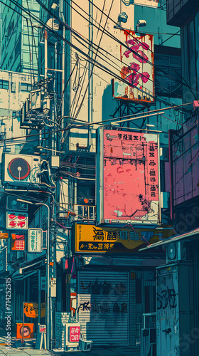 Asian city street in anime style, Generative AI