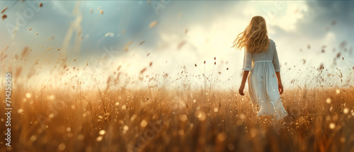 Young Woman Embracing Freedom in a Dreamy Golden Field at Sunset: A Portrait of Serenity and Hope photo