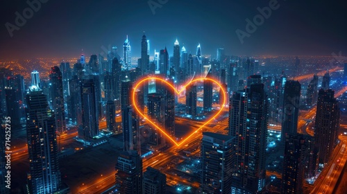 A cityscape at night with illuminated buildings forming a heart shape on Valentine's Day