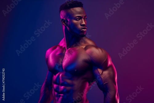 Afro American fitness model torso in purple top with well defined abdominal muscles