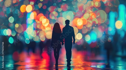 A couple holding hands in a cityscape at night pastel bokeh background. Valentine's Day Concept