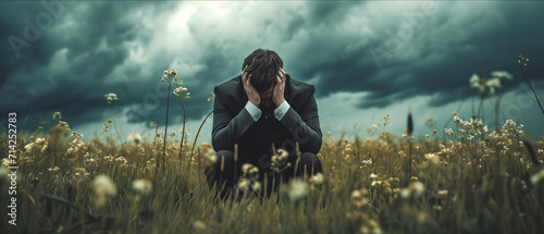 Distressed Businessman in a Field: A Symbol of Professional Struggles and Emotional Turmoil Amidst Nature's Indifference photo