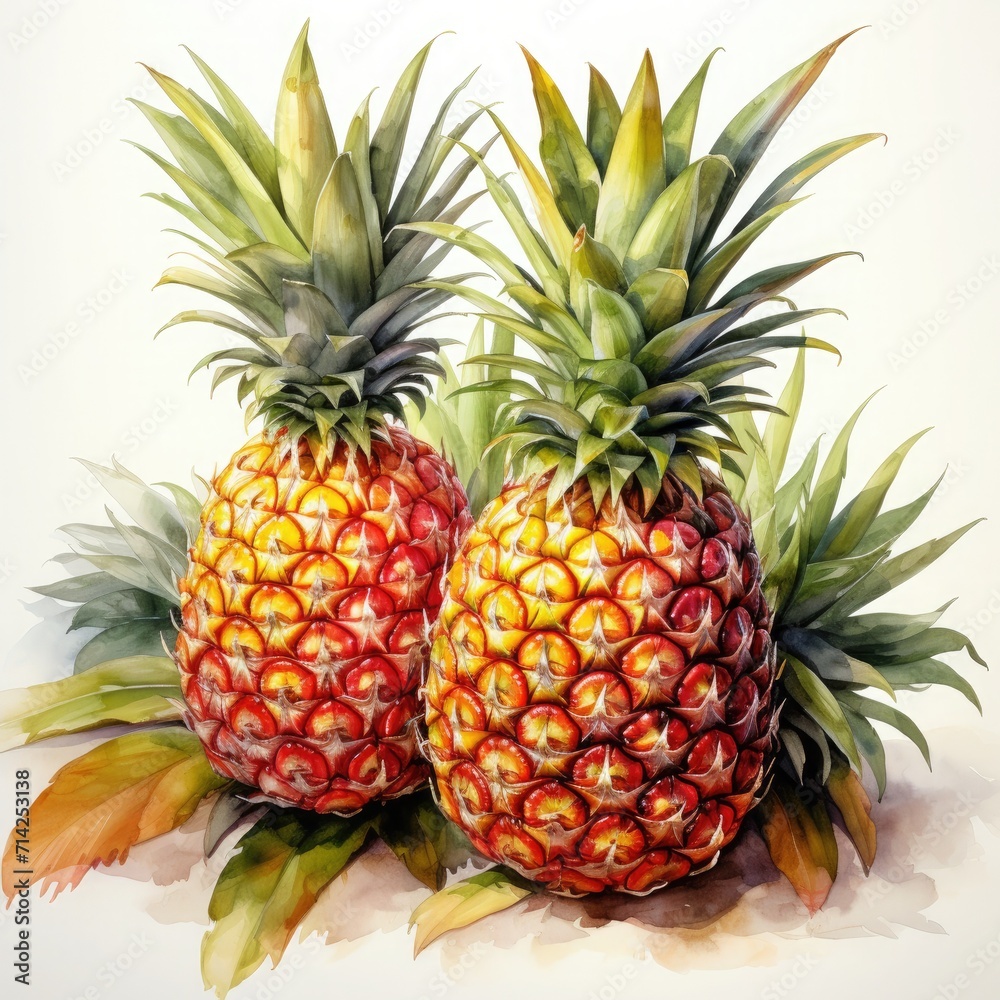Two vibrant watercolor pineapples on a white background