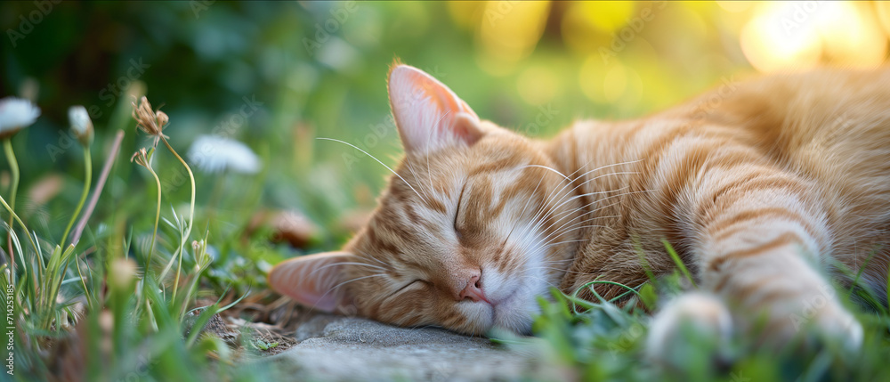 Tranquil Afternoon Slumber: Ginger Cat Napping Peacefully Amongst Lush Greenery at Sunset