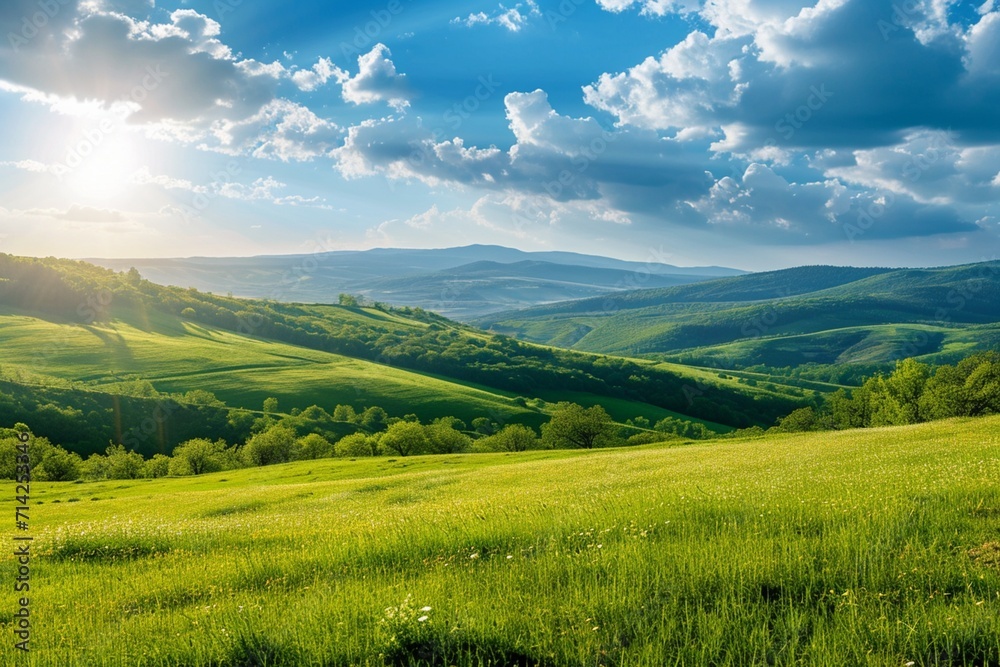 panorama of beautiful countryside of romania. sunny afternoon. wonderful springtime landscape in mountains. grassy field and rolling hills. rural scenery