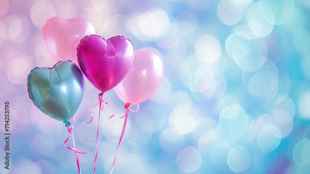 Valentine's Day Heart-Shaped Balloons Floating Against a Pastel Bokeh Background, Enchanting the Atmosphere with Love and Romance.