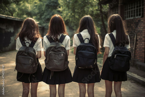 School girls with backpack facing back in the garden, back to school. Generative ai