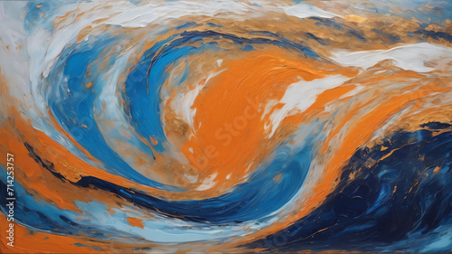 Modern abstract painting is marble and lively blue and orange design, bold and wave composition