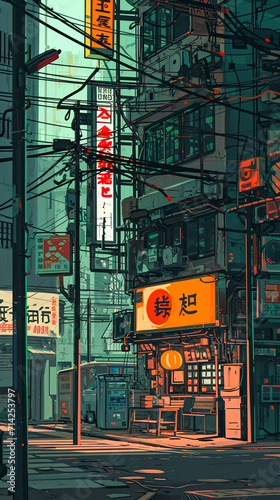 Asian city street in anime style, Generative AI