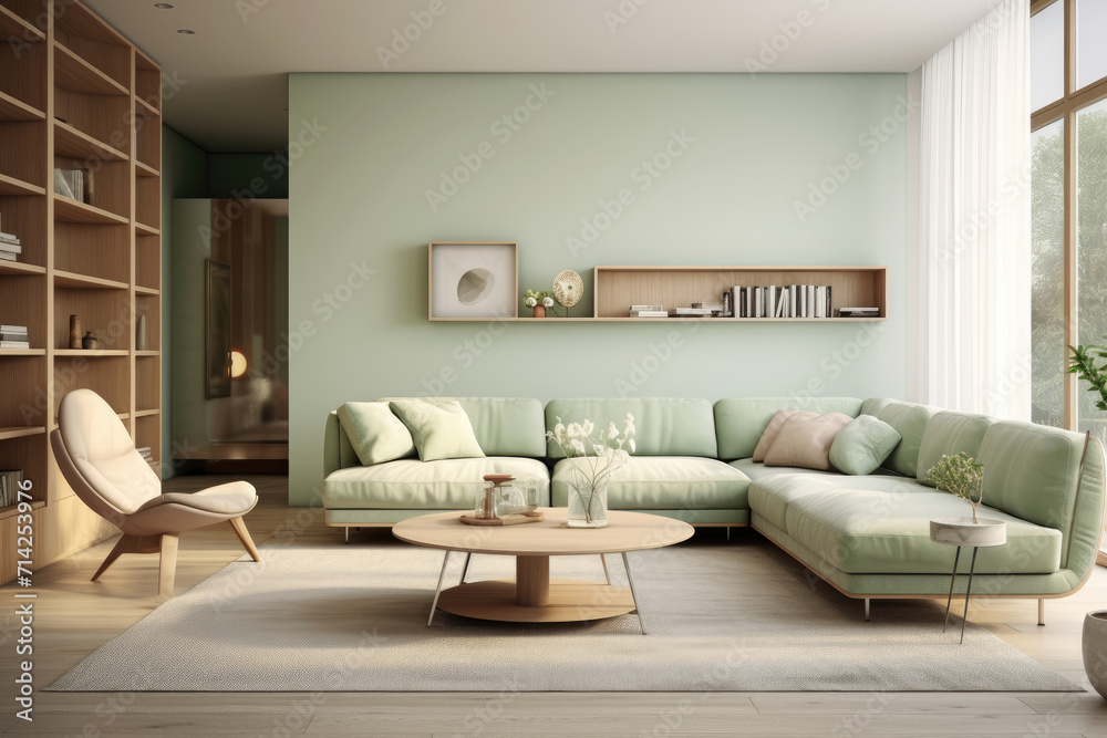 Seating group and decor modern minimal living room interior design pastel green colors