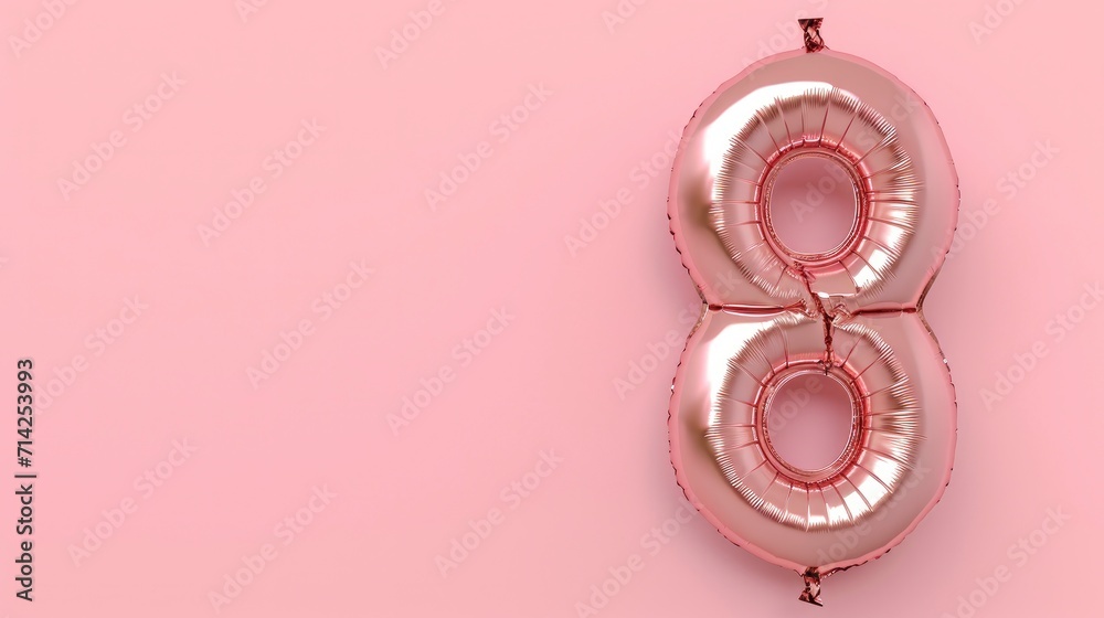 Celebration for International Women's Day. Number 8 Shaped Balloon on a Pastel Pink Background. - obrazy, fototapety, plakaty 