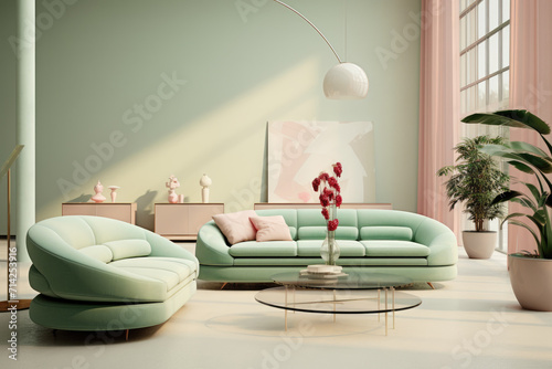 Seating group and decor modern minimal living room interior design pastel green colors