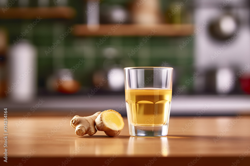 glass of ginger shot with a blurred kitchen backdrop glass of ginger shot with a blurred kitchen backdrop