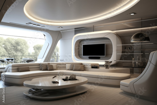 Seating group and decoration modern futuristic minimal living room interior design ashy colors © LFK