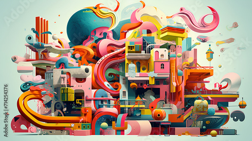 Abstract colorful animated illustration with intertwining fantastic objects and figures. Captivating graphics combine whimsical elements, fairy-tale imagery and intricate details. Visual storytelling 