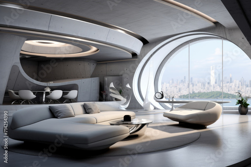 Seating group and decoration modern futuristic minimal living room interior design gray colors © LFK