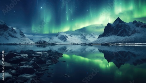 View of night sky with multicolored aurora borealis and snowy mountains peak background. Night glows in vibrant aurora reflection on the lake with forest. 