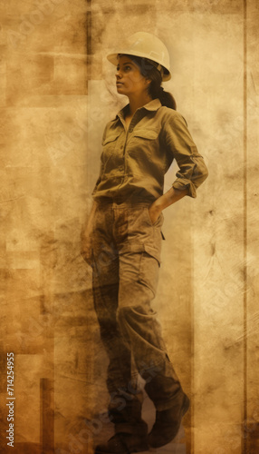 Side view photo of female worker wearing safety helmet