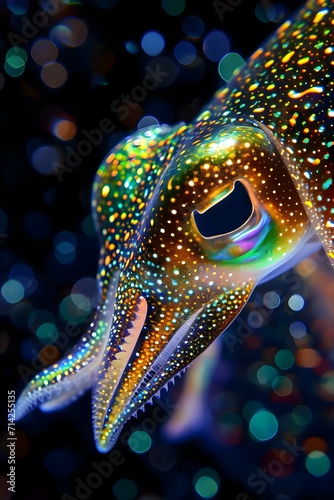 a close up of a colorful squid on a black background