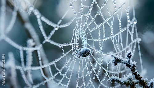 a close up of a spider web covered in dew