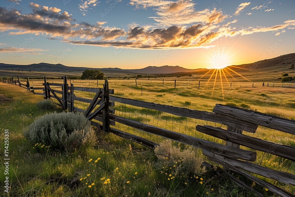 Picturesque landscape, fenced ranch at sunrise