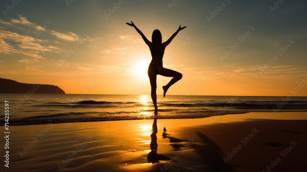 Silhouette of woman practicing yoga for meditation against the sea at sunset