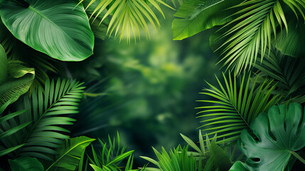Tropical forest background, jungle background with border made of tropical leaves with empty space in center, copy space.