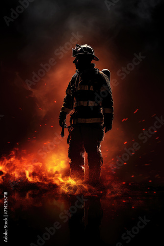 Silhouette photo of firefighter on fire background