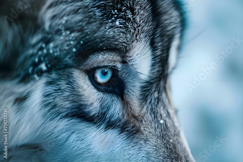 a close up of a wolf's face with blue eyes