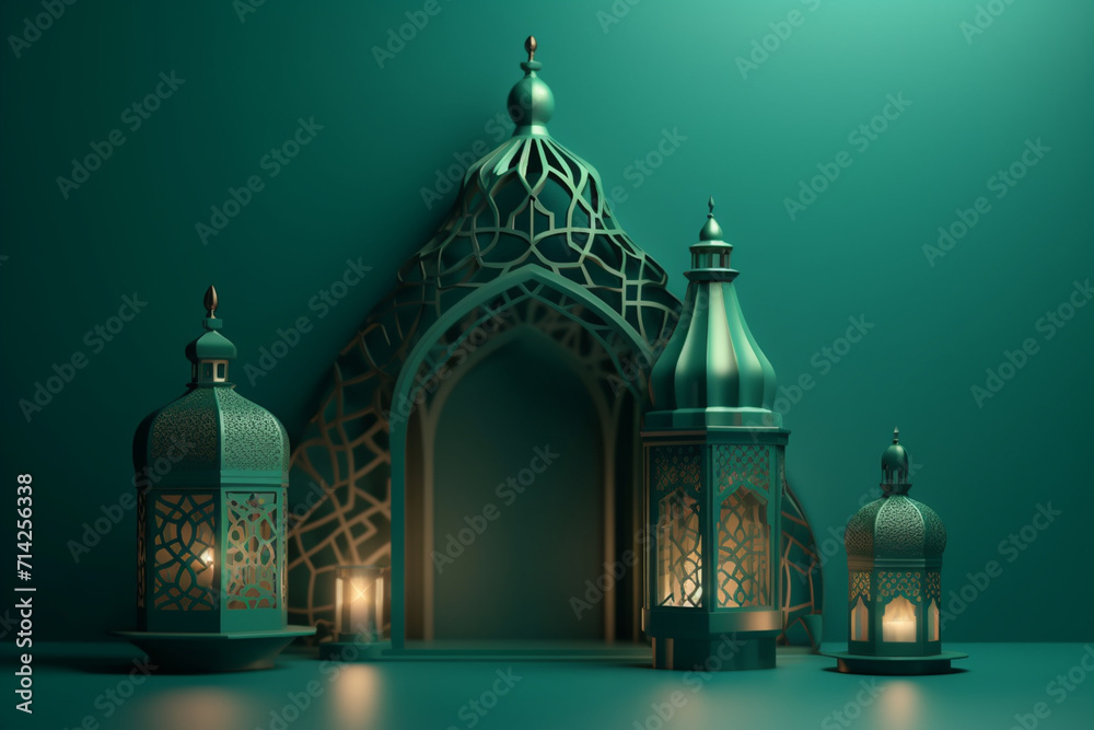 Obraz premium Ramadan Kareem greeting card in paper cut style with mosque and clouds