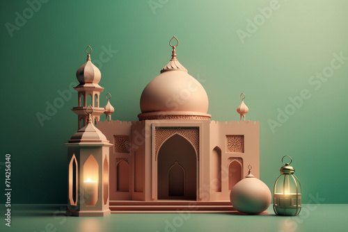 Ramadan Kareem greeting card in paper cut style with mosque and clouds