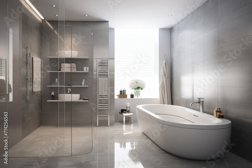 Silver color minimal design luxury decorated bathroom interior