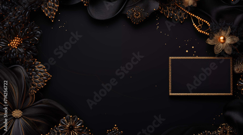 Black background with black paper flowers and gold frame. photo