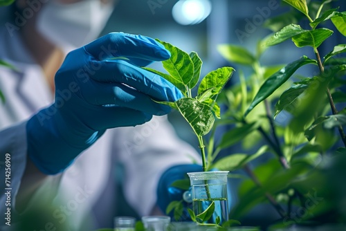 plant science laboratory research, biological chemistry test, green nature organic leaf experiment in test tube, scientist working in chemical medicine biotechnology or medical ecology lab technology photo