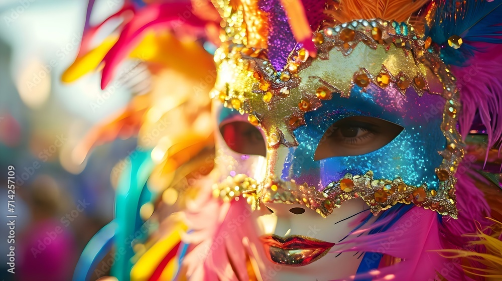 a close up of a carnival mask with feathers