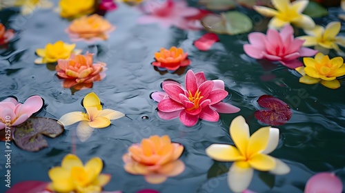 a bunch of water lilies floating on top of a body of water