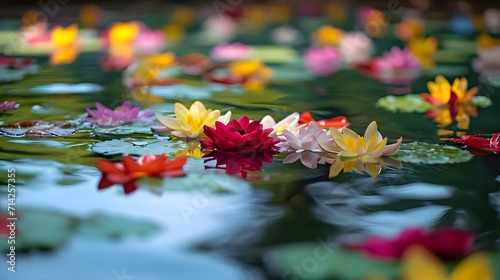 a group of colorful flowers floating on top of a body of water