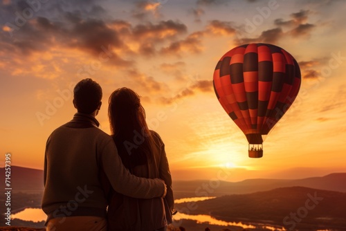 Couple embracing watching a landscape with a hot air balloon at sunrise. Romantic travel concept