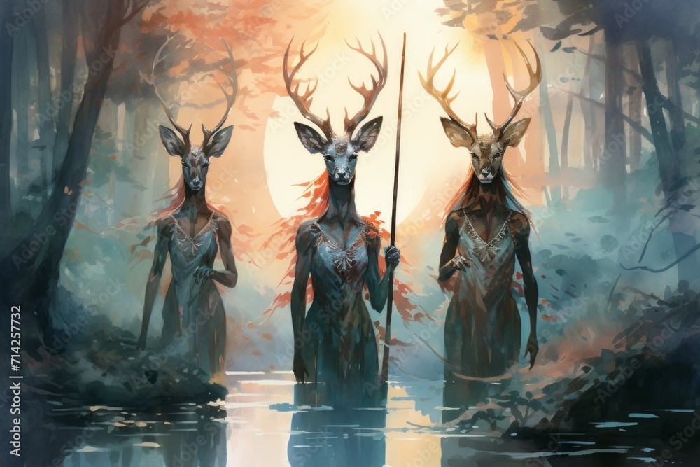 Obraz premium Elusive twilight fauns, guardians of the boundary between day and night - Generative AI
