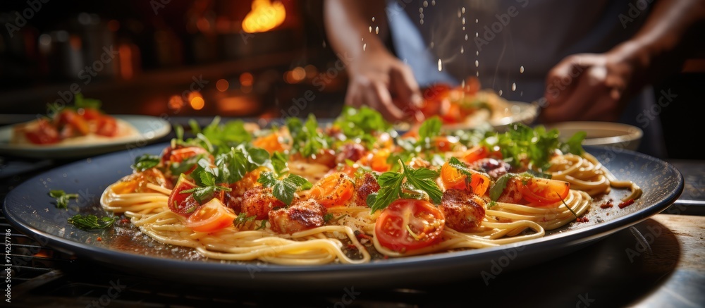 close up of chef cooking delicious spaghetti in restaurant kitchen close up of chef cooking delicious spaghetti in restaurant kitchen