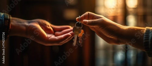 close shot of hand handing keys to buyer photo
