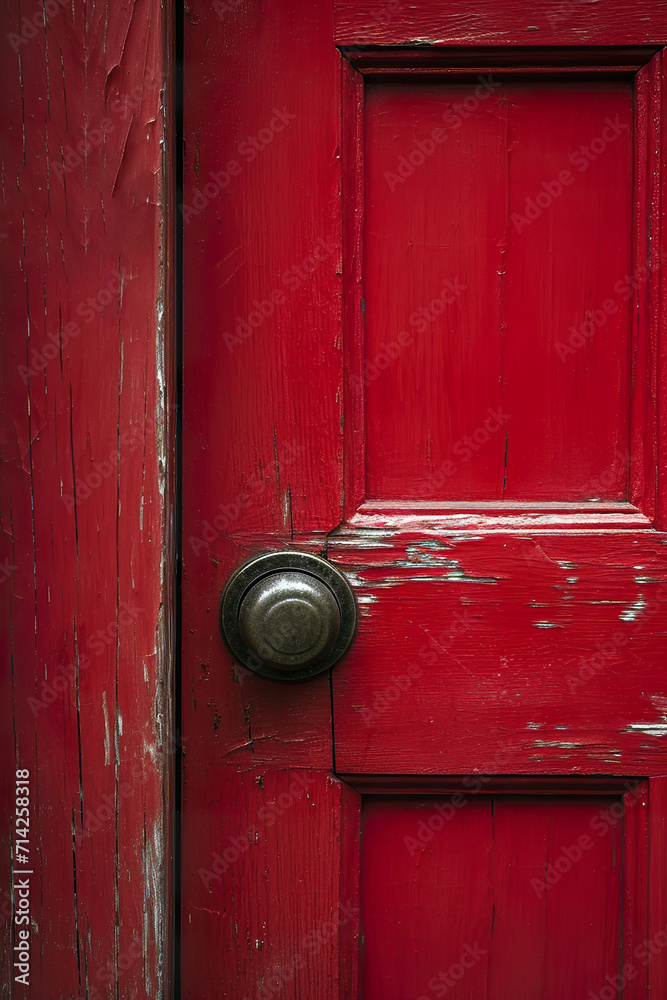 A worn red door with a traditional doorknob. A closed red door of little used house in mysterious feeling. Classic door handle.