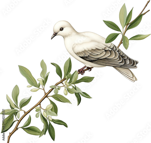 Vintage Plant Illustration: White Dove on an Olive Branch on Isolated Background