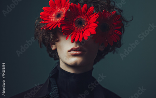 Young stylish man with red gerbera flower. © mimi