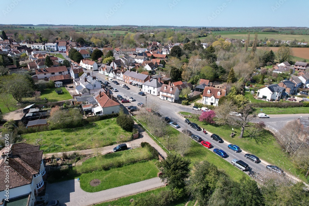 Village centre Great Bardfield village in Essex UK drone aerial view