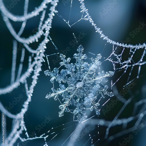 a close up of a snowflake on a spider web