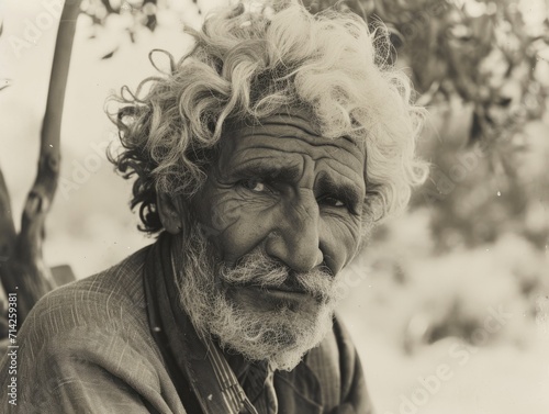 Photorealistic Old Persian Man with Blond Curly Hair vintage Illustration. Portrait of a person in World War II era aesthetics. Historic movie style Ai Generated Horizontal Illustration.